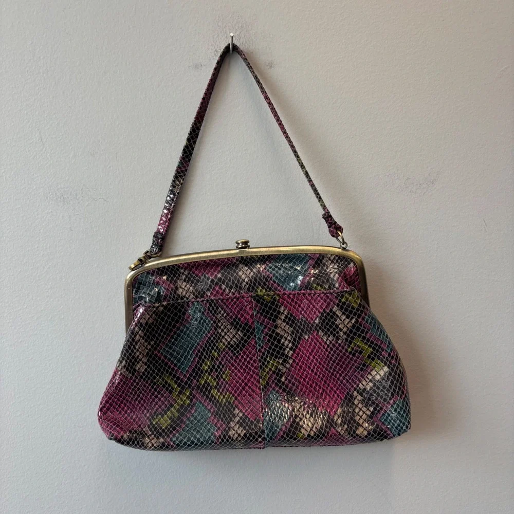 Hobo Leather Snakeskin Frame Clutch Shoulder Bag Kiss Lock